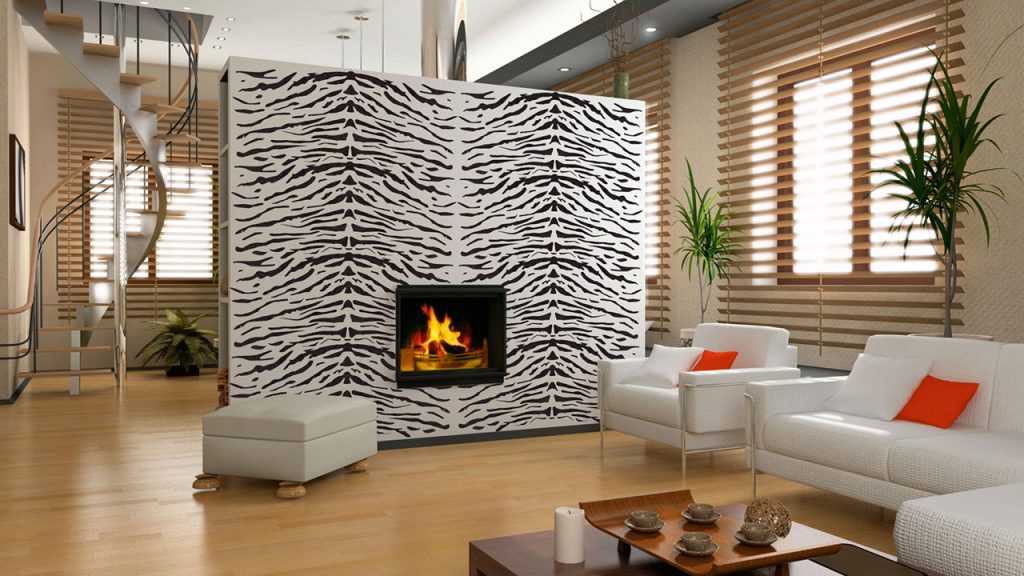 Living con camino dipinto a stencil zebrato